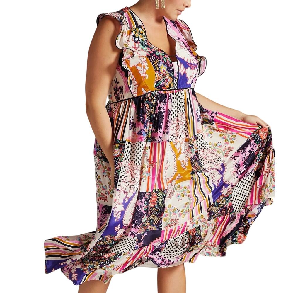BY ANTHROPOLOGIE Ruffled Patchwork Midi Dress Size 16W New without Tag MSRP $198